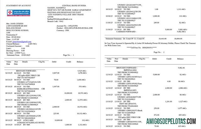Extrato de conta do Banco Central da Índia para impressão, modelo Word e PDF, 2 páginas